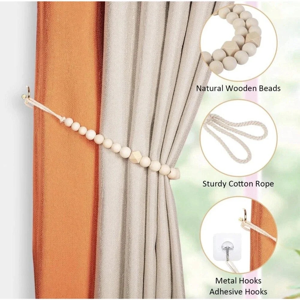 Wood Bead Curtain Tiebacks,  Set of 2 Curtain Holdbacks for Thin or Thick Window